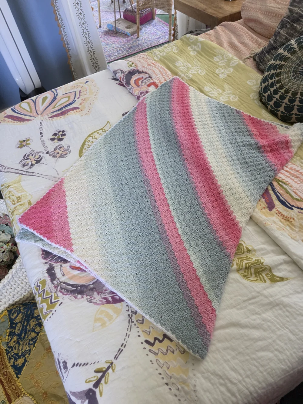 Handmade Striped Crochet Throw Blanket - Pink, Blue & White